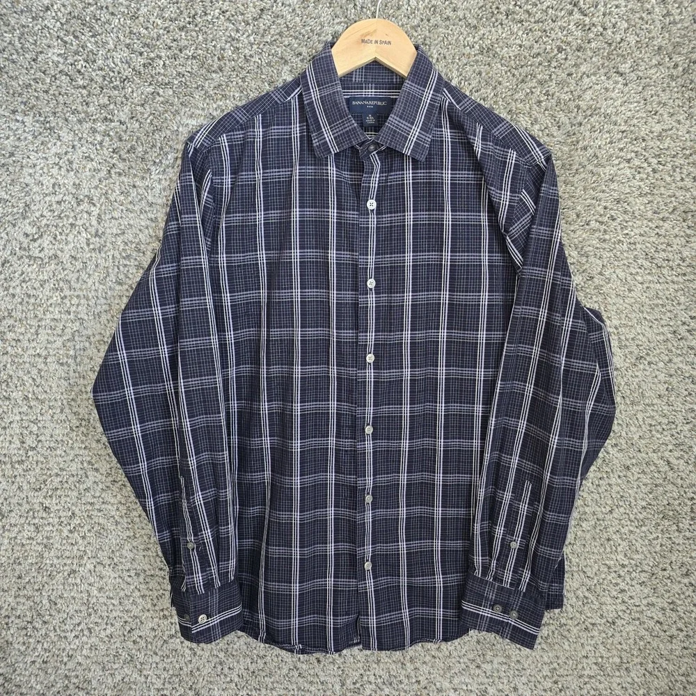 Banana Republic Dress Shirt Mens‎ 15-15.5 Blue Plaid Button Up Cotton Career